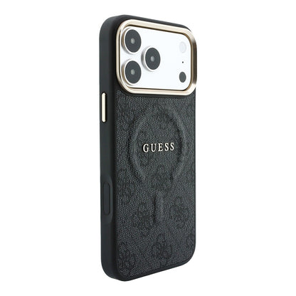 Apple iPhone 18 Pro Max Kılıf Guess Orjinal Lisanslı M-safe Şarj Özellikli Metal Kamera Çerçeveli C-Magnet 4G Desenli Yazı Logolu Kapak