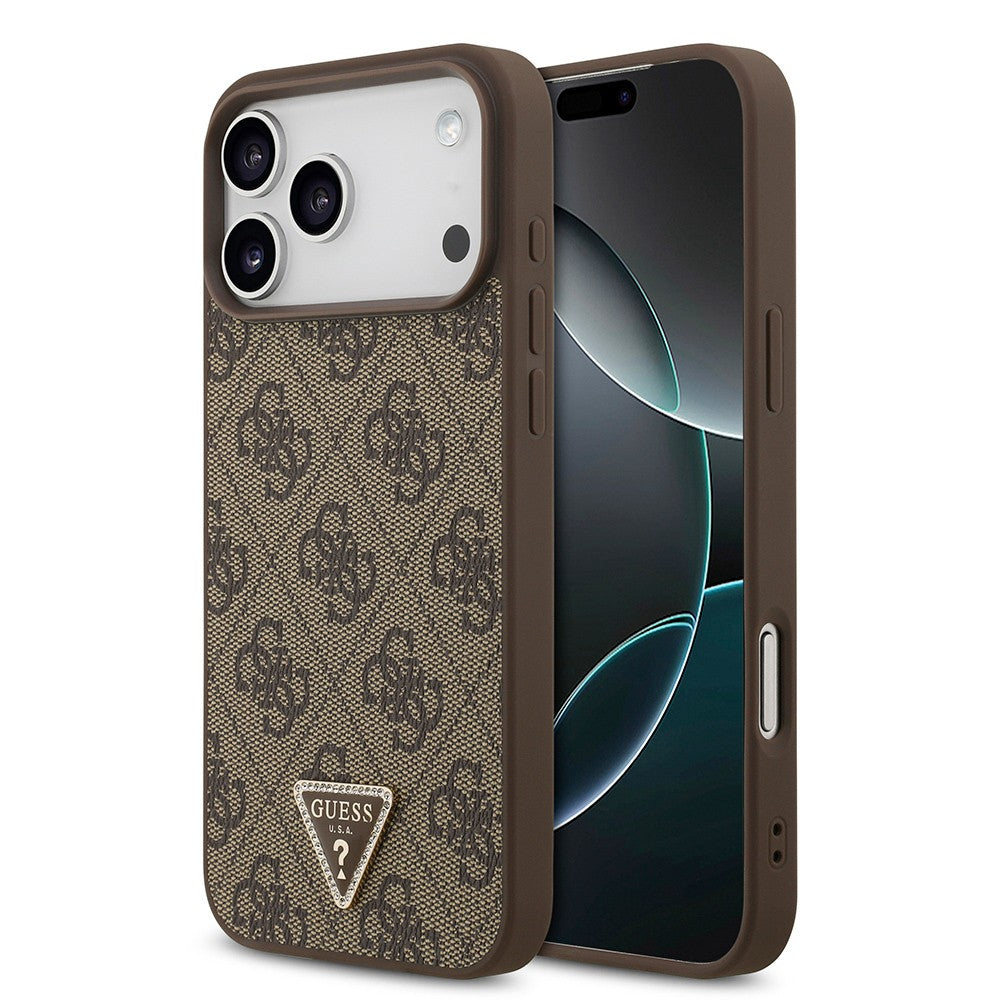 Apple iPhone 18 Pro Max Kılıf Guess Orjinal Lisanslı M-safe Şarj Özellikli PU Deri Taşlı Üçgen Logo 4G Desenli Strass Kapak