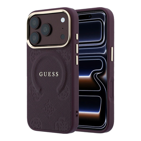 Apple iPhone 18 Pro Max Kılıf Guess Orjinal Lisanslı M-safe Şarj Özellikli Sıcak Baskılı Yazı Logolu C-Magnet PU Deri Peony Kapak