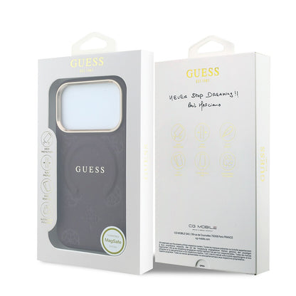 Apple iPhone 18 Pro Max Kılıf Guess Orjinal Lisanslı M-safe Şarj Özellikli Sıcak Baskılı Yazı Logolu C-Magnet PU Deri Peony Kapak