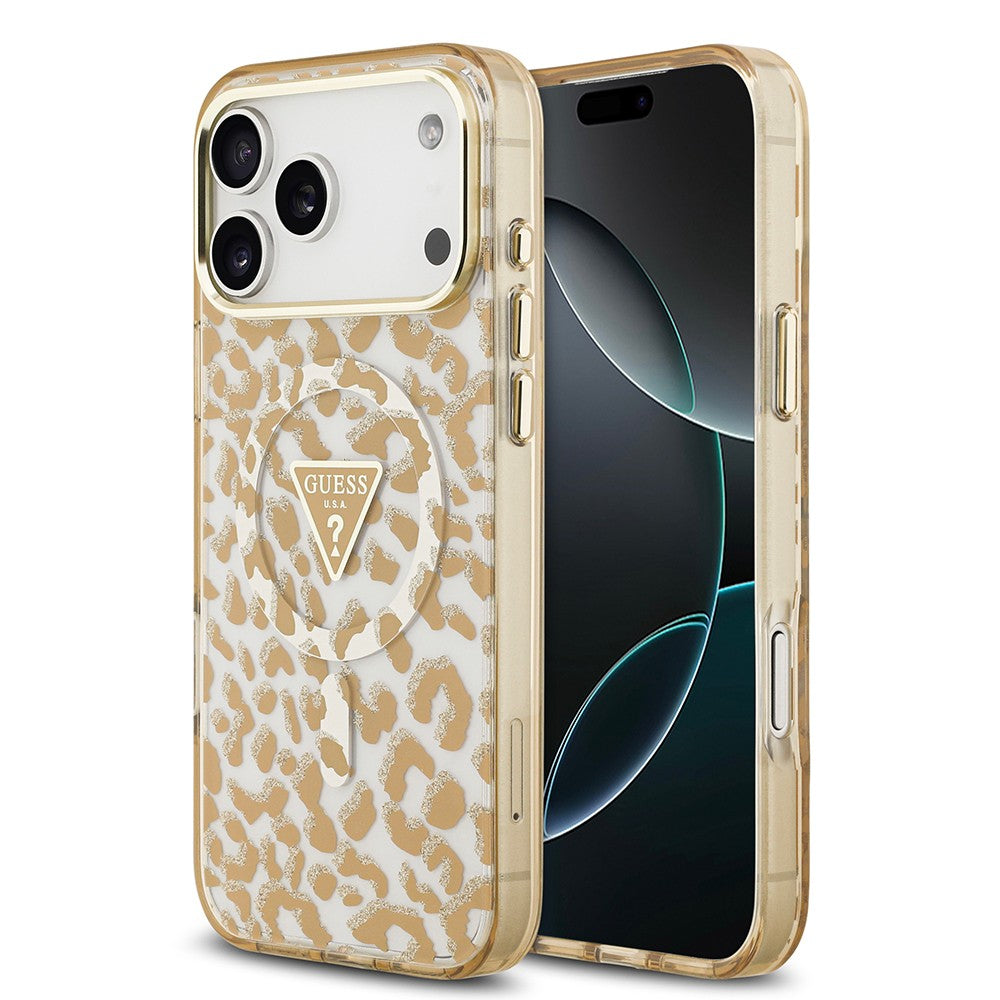 Apple iPhone 18 Pro Max Kılıf Guess Orjinal Lisanslı M-safe Şarj Özellikli Üçgen Logolu Simli Leopar Desenli Kapak