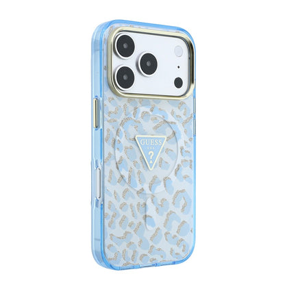 Apple iPhone 18 Pro Max Kılıf Guess Orjinal Lisanslı M-safe Şarj Özellikli Üçgen Logolu Simli Leopar Desenli Kapak