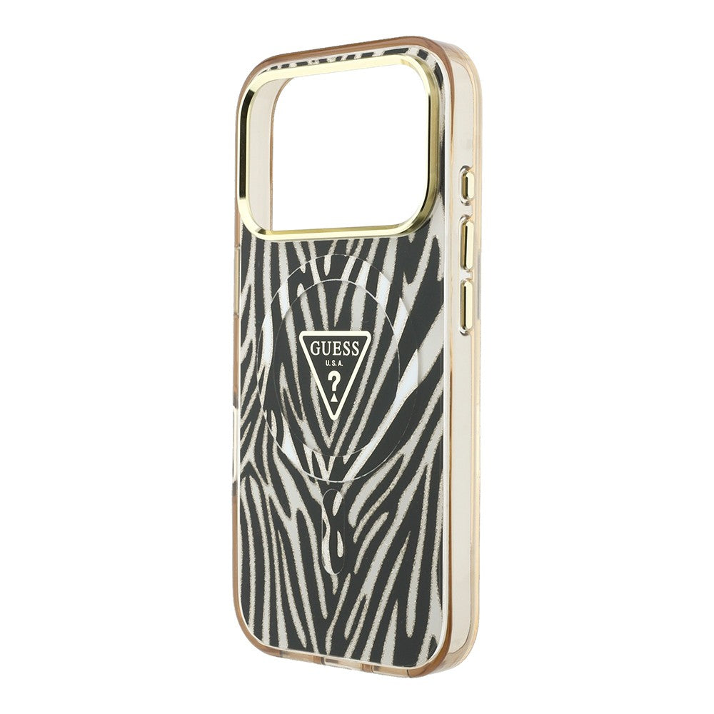 Apple iPhone 18 Pro Max Kılıf Guess Orjinal Lisanslı M-safe Şarj Özellikli Üçgen Logolu Zebra Desenli Silikon Kapak