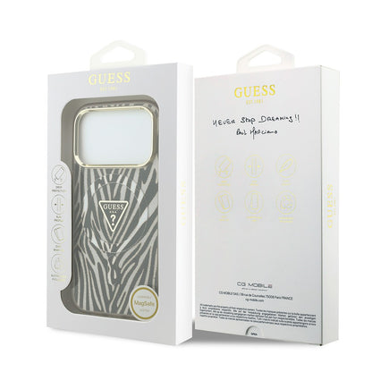 Apple iPhone 18 Pro Max Kılıf Guess Orjinal Lisanslı M-safe Şarj Özellikli Üçgen Logolu Zebra Desenli Silikon Kapak