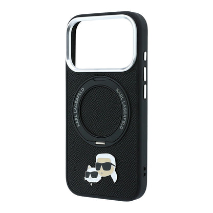 Apple iPhone 18 Pro Max Kılıf Karl Lagerfeld Orjinal Lisanslı M-Safe Şarj Özellikli K&C Heads Pin Metal Logolu PU 360 Derece Dönebilen Standlı Kapak