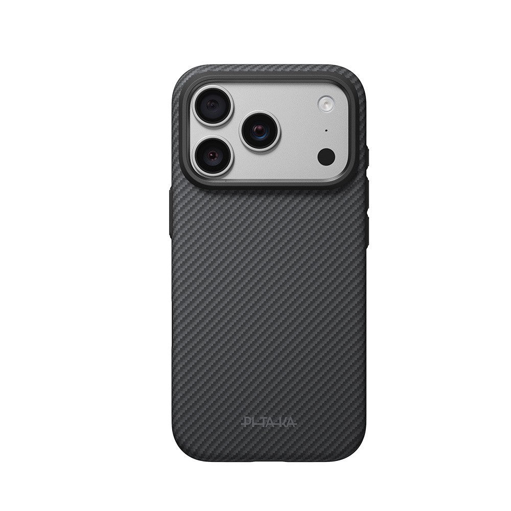 Apple iPhone 18 Pro Max Kılıf M-safe Şarj Özellikli Aramid Karbon Fiber Pitaka Military-Grade Classic Serisi New Logo Black-Grey Twill Kapak