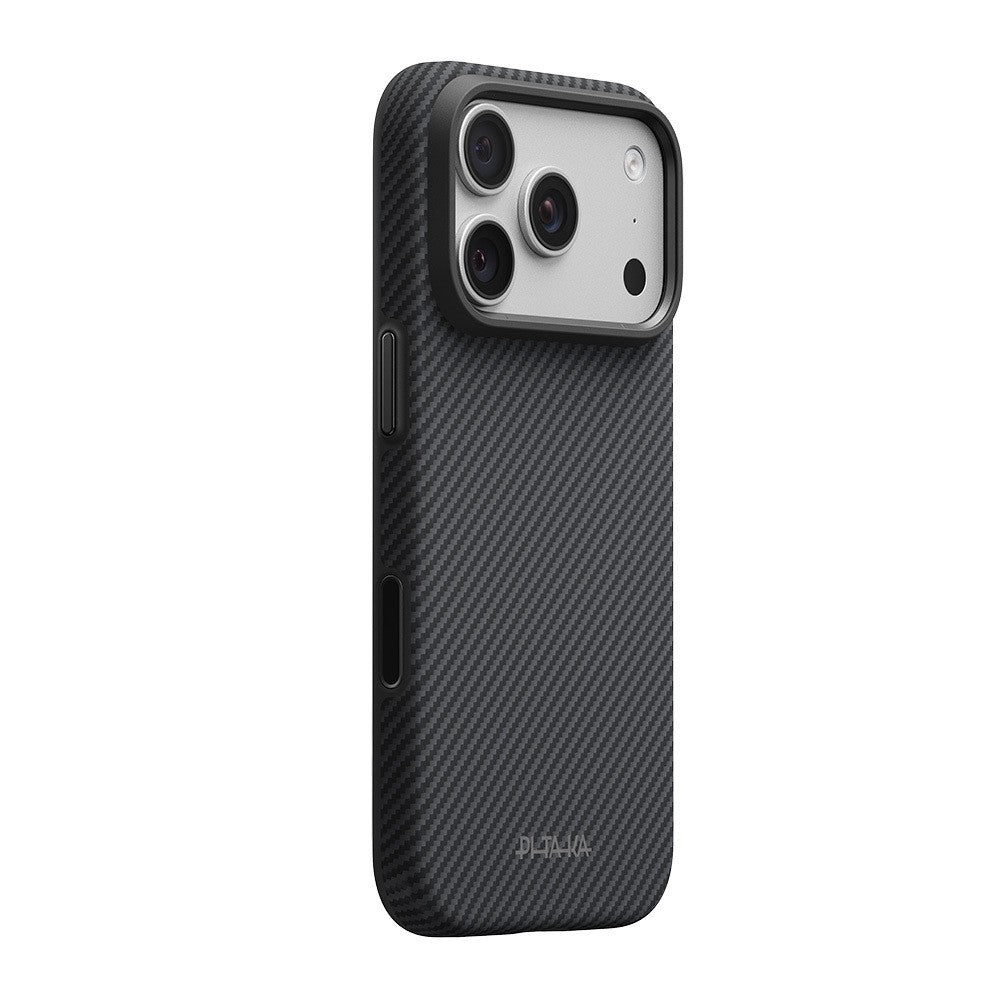 Apple iPhone 18 Pro Max Kılıf M-safe Şarj Özellikli Aramid Karbon Fiber Pitaka Military-Grade Classic Serisi New Logo Black-Grey Twill Kapak