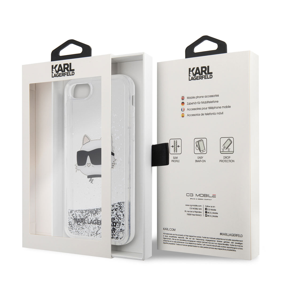 Apple iPhone SE 2022 Kılıf Karl Lagerfeld Sıvılı Simli Choupette Head Dizayn Kapak Gümüş