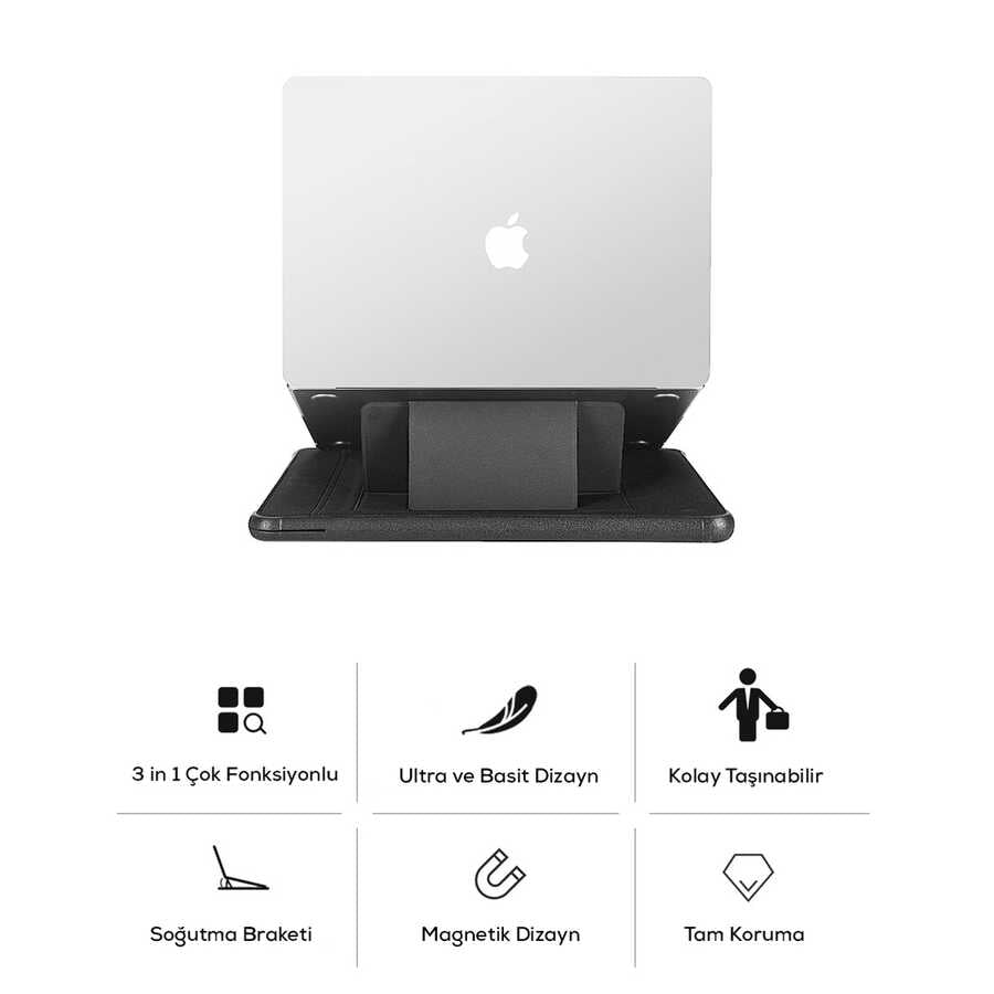Apple Macbook Pro 16.2 2023 A2780 Wiwu Defender Stand Case Taşınabilir Standlı Magnetik PU Laptop Çantası Siyah
