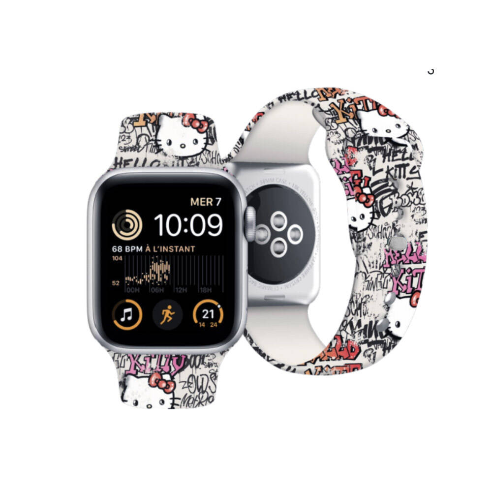 Apple Watch 38mm Hello Kitty Orjinal Lisanslı Etiket Graffiti Silikon Kordon Krem