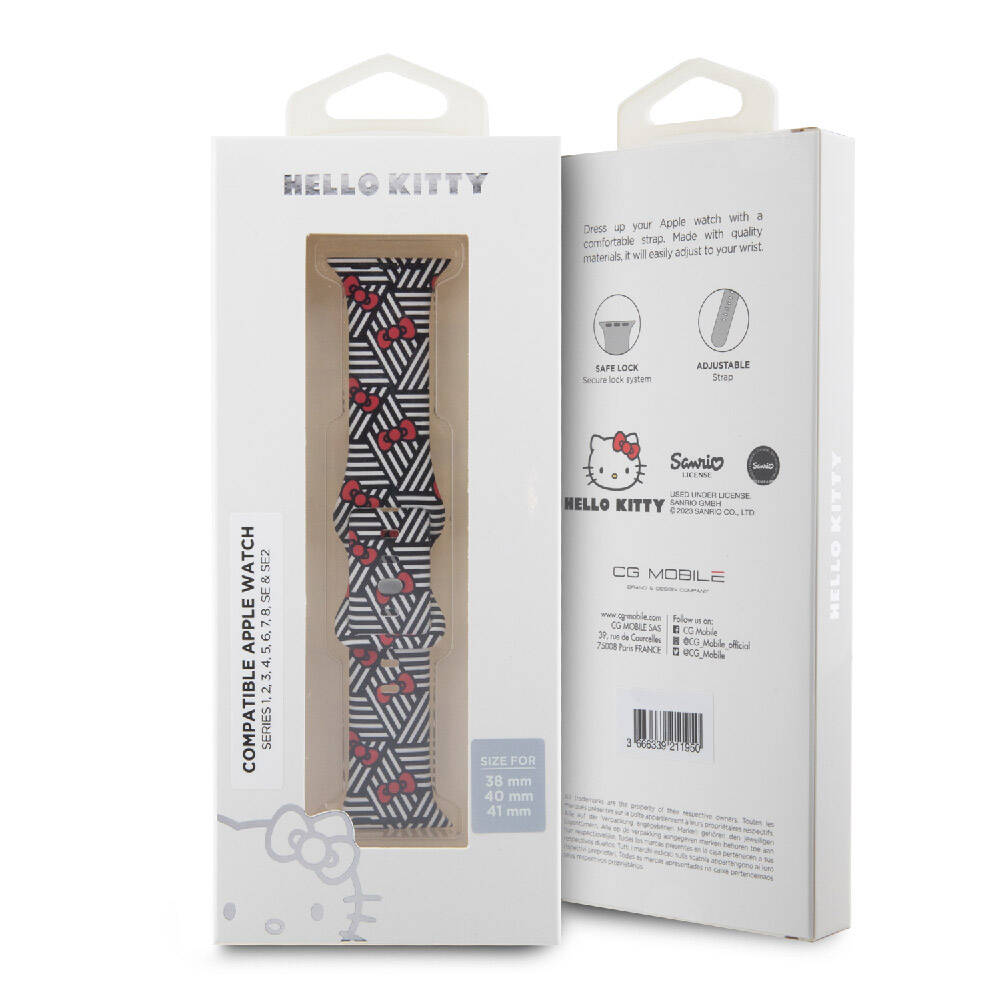 Apple Watch 38mm Hello Kitty Orjinal Lisanslı Fiyonklar & Çizgiler Silikon Kordon Siyah
