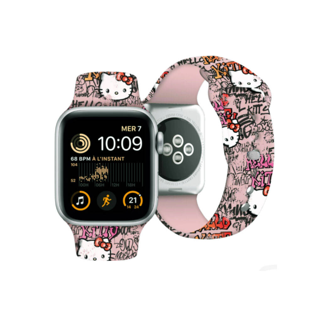 Apple Watch 40mm Hello Kitty Orjinal Lisanslı Etiket Graffiti Silikon Kordon Krem