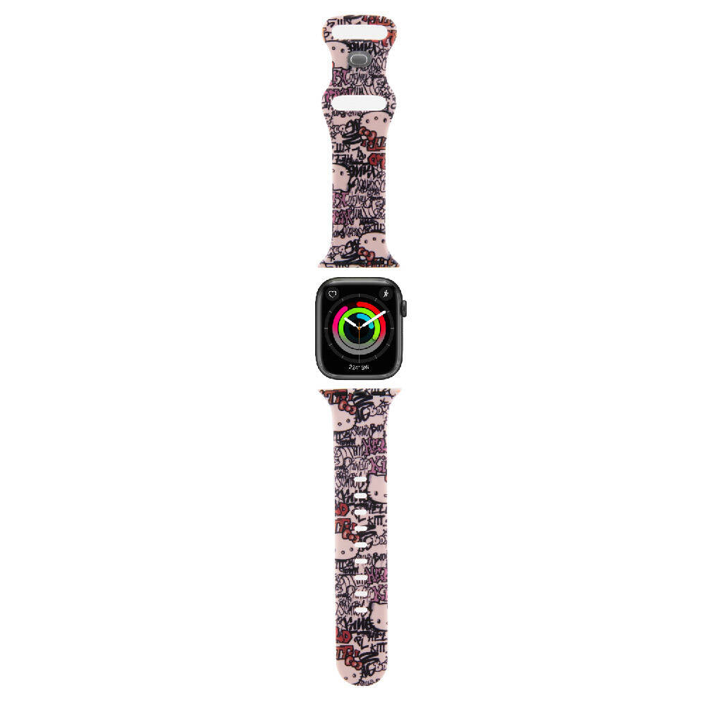 Apple Watch 40mm Hello Kitty Orjinal Lisanslı Etiket Graffiti Silikon Kordon Pembe