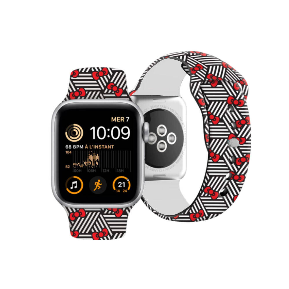 Apple Watch 40mm Hello Kitty Orjinal Lisanslı Fiyonklar & Çizgiler Silikon Kordon Siyah