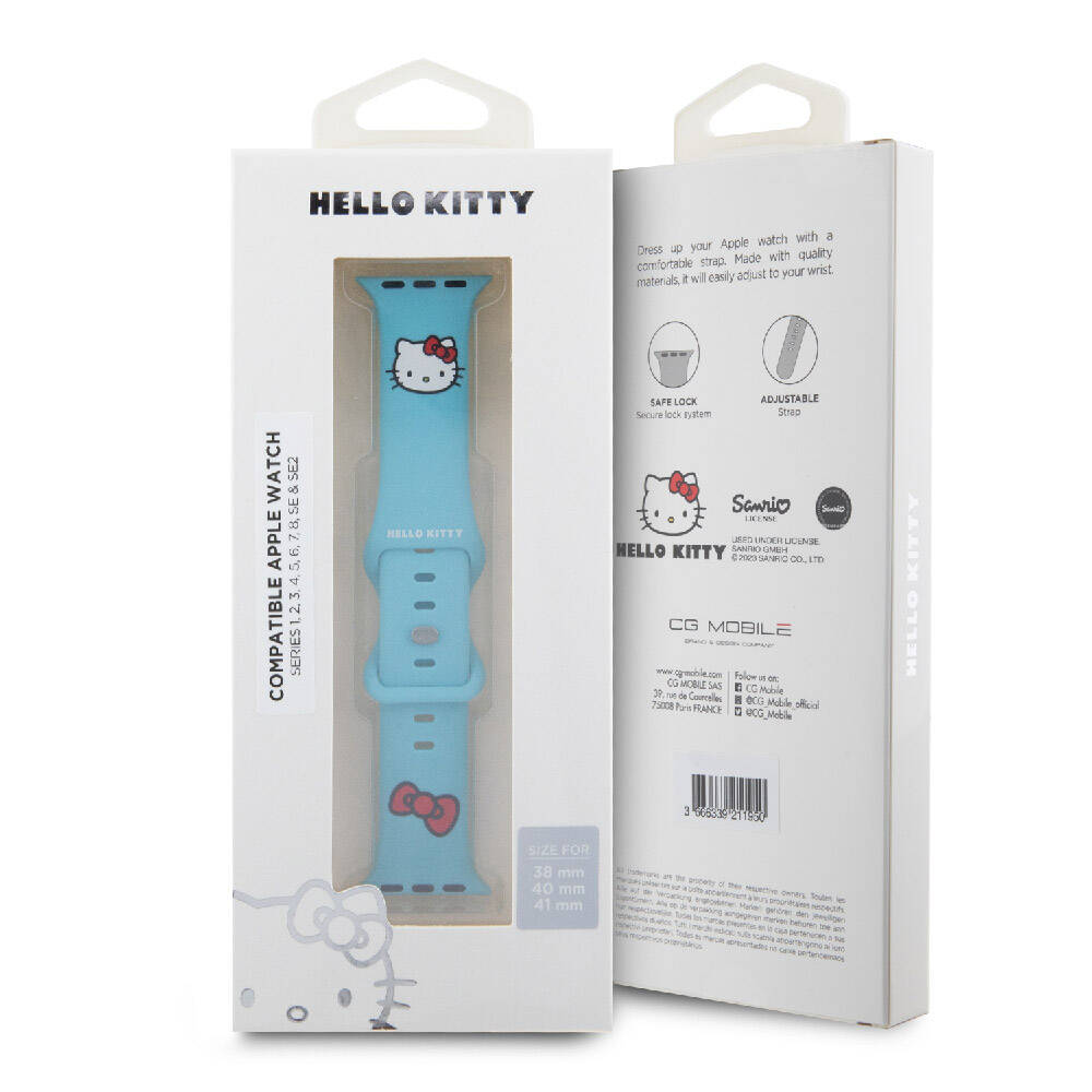 Apple Watch 40mm Hello Kitty Orjinal Lisanslı Yazı Logolu Fiyonk & Kitty Head Silikon Kordon Pembe