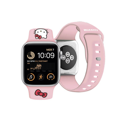 Apple Watch 40mm Hello Kitty Orjinal Lisanslı Yazı Logolu Fiyonk & Kitty Head Silikon Kordon Krem