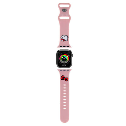Apple Watch 40mm Hello Kitty Orjinal Lisanslı Yazı Logolu Fiyonk & Kitty Head Silikon Kordon Pembe