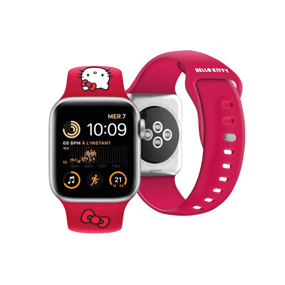Apple Watch 40mm Hello Kitty Orjinal Lisanslı Yazı Logolu Fiyonk & Kitty Head Silikon Kordon Kırmızı