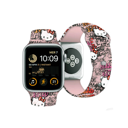 Apple Watch 41mm Hello Kitty Orjinal Lisanslı Etiket Graffiti Silikon Kordon Pembe