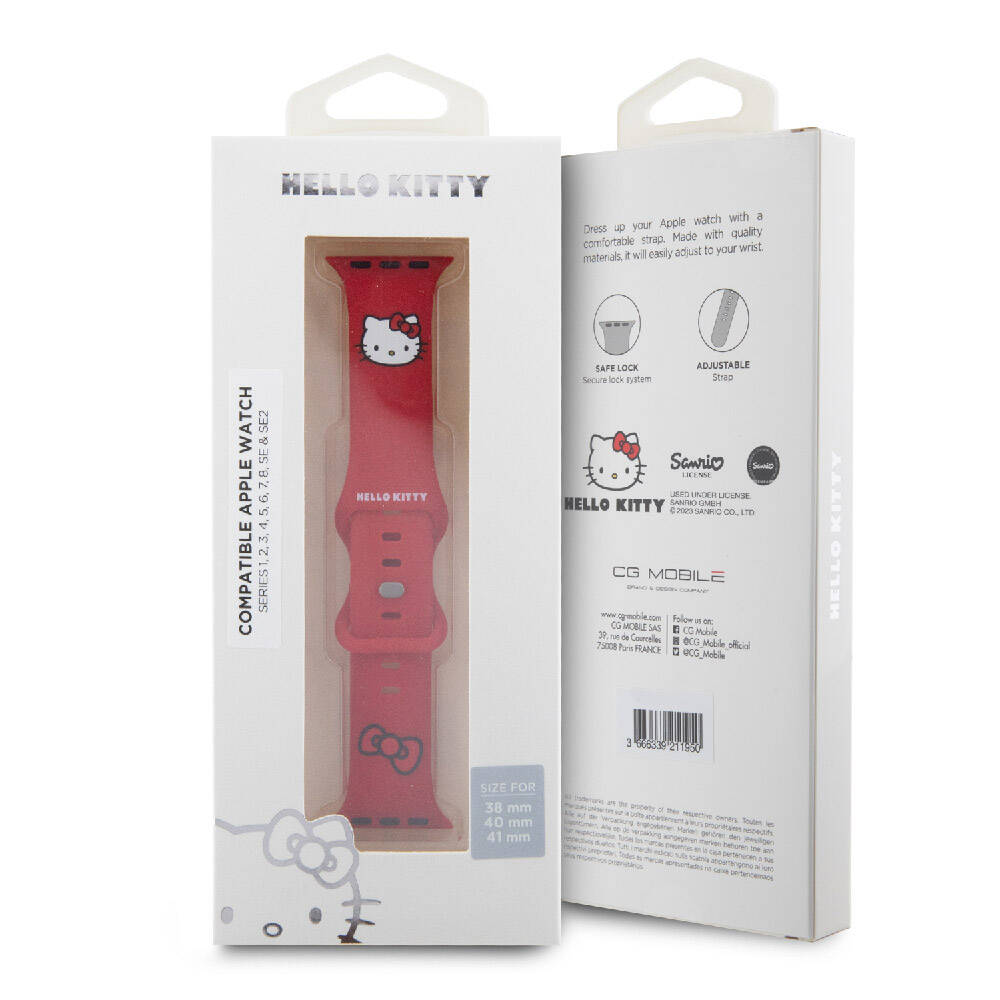 Apple Watch 41mm Hello Kitty Orjinal Lisanslı Yazı Logolu Fiyonk & Kitty Head Silikon Kordon Kırmızı