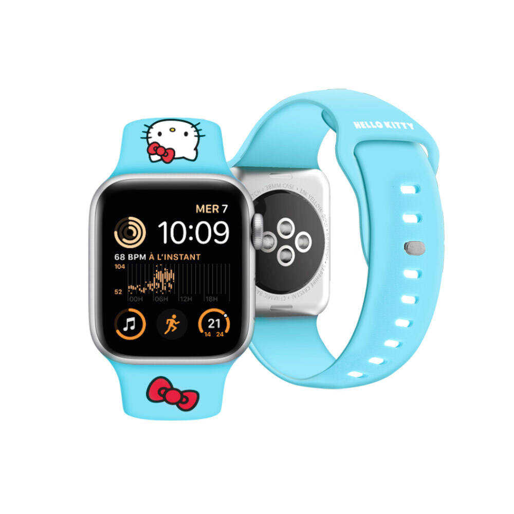 Apple Watch 41mm Hello Kitty Orjinal Lisanslı Yazı Logolu Fiyonk & Kitty Head Silikon Kordon Mavi