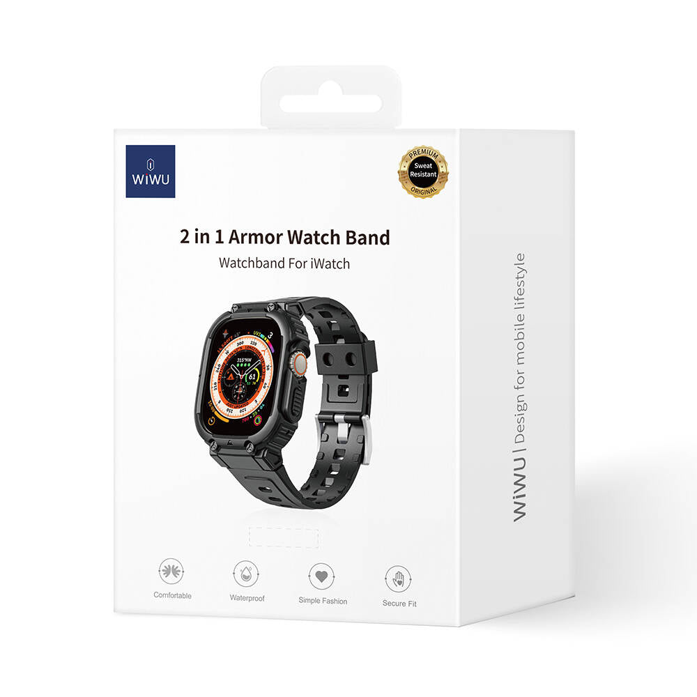 Apple Watch 42mm Wiwu Wi-WB014 Armor Serisi 2in1 Sert PC Kasa Koruyuculu Silikon Kordon Siyah