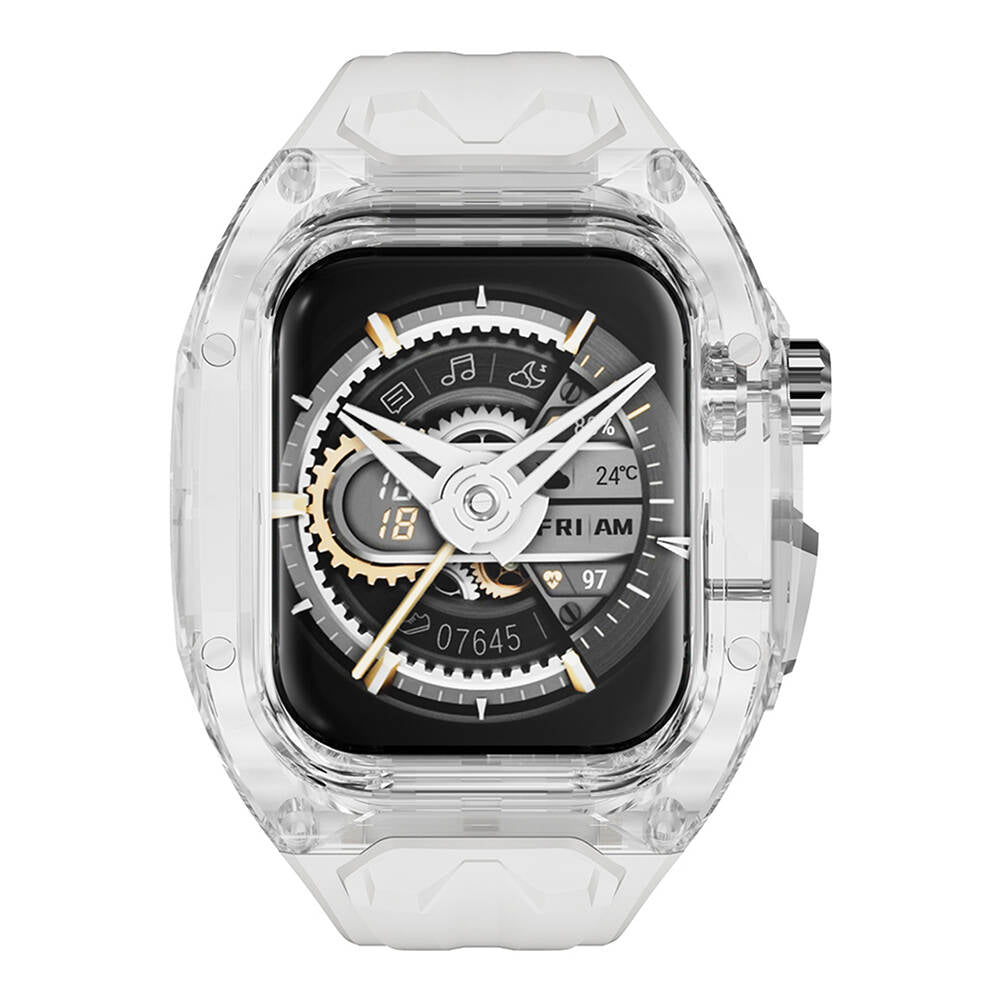 Apple Watch 44mm Wiwu Wi-WB013 Rambo Serisi 2in1 Şeffaf PC Kasa Koruyuculu Kauçuk Kordon Siyah