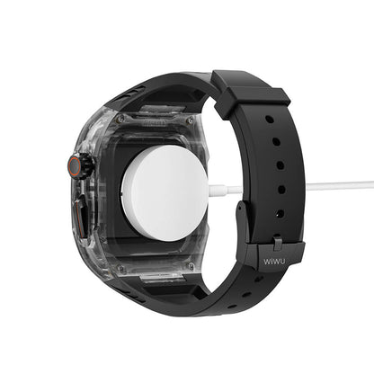 Apple Watch 44mm Wiwu Wi-WB013 Rambo Serisi 2in1 Şeffaf PC Kasa Koruyuculu Kauçuk Kordon Siyah