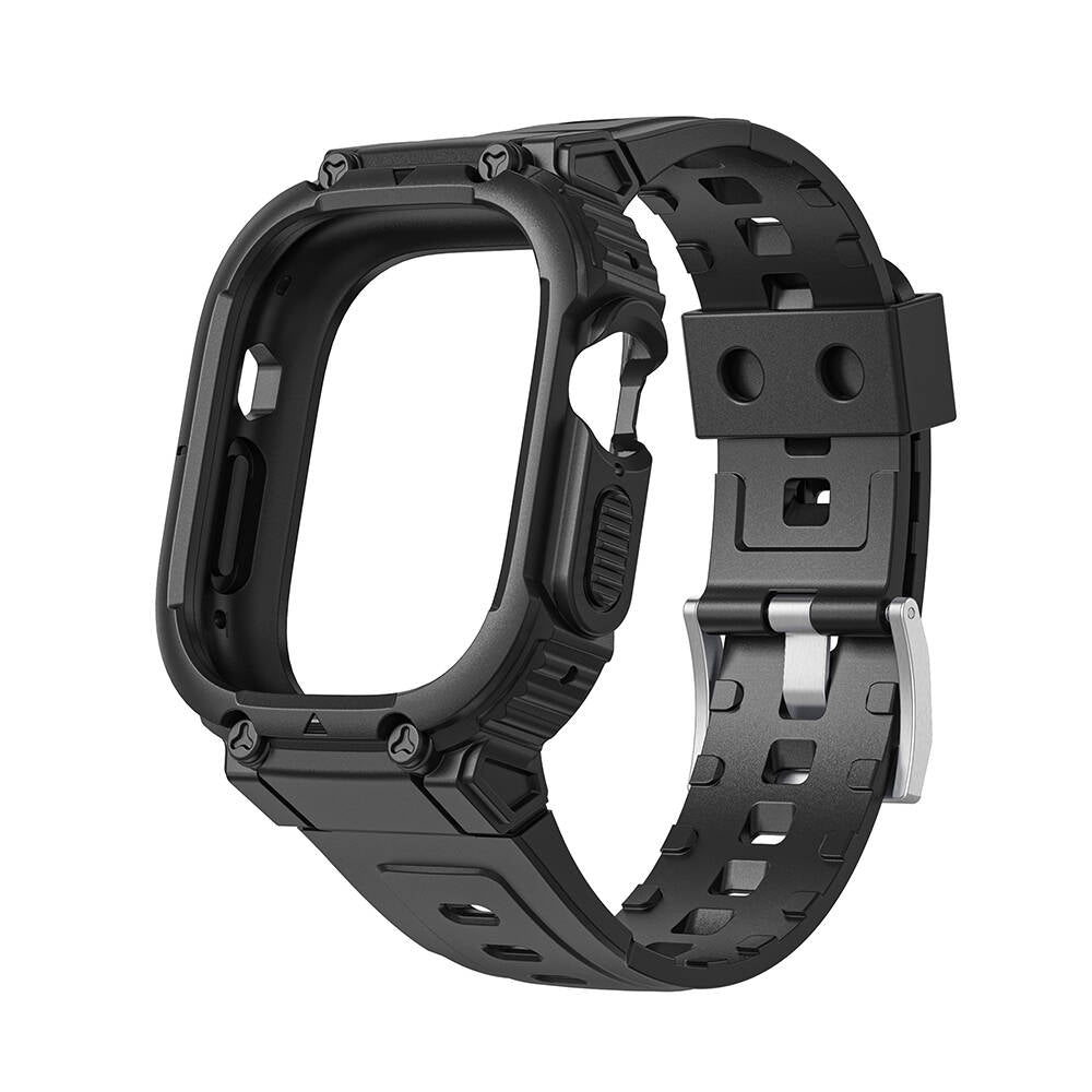 Apple Watch 44mm Wiwu Wi-WB014 Armor Serisi 2in1 Sert PC Kasa Koruyuculu Silikon Kordon Siyah