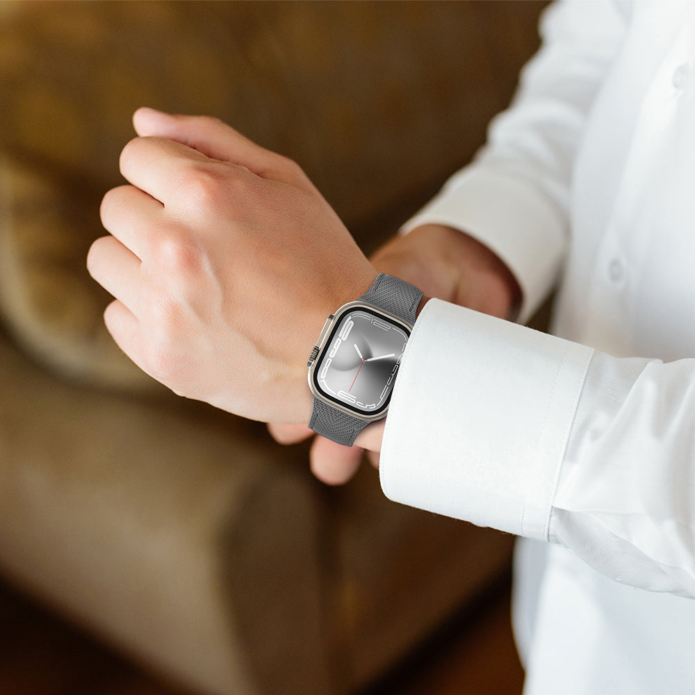 Apple Watch 7 41mm Amazingthing Titan Swift Deri Dokulu Silikon Kordon Gri