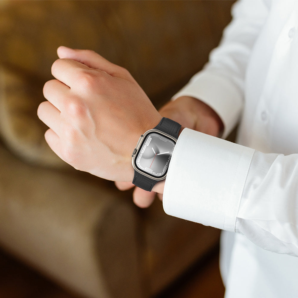 Apple Watch 7 41mm Amazingthing Titan Swift Deri Dokulu Silikon Kordon Siyah