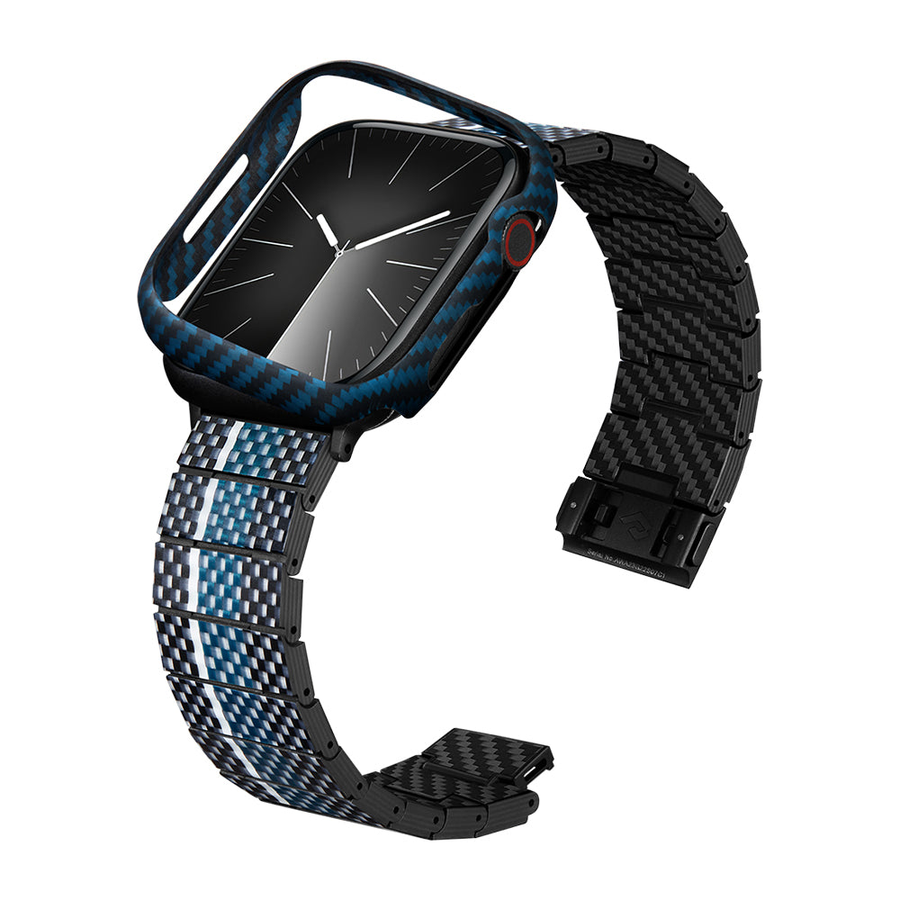 Apple Watch 7 45mm 600D Aramid Fiber Classic Serisi Black-Blue Twill Kasa Koruyucu Pitaka Air Case Siyah-Mavi