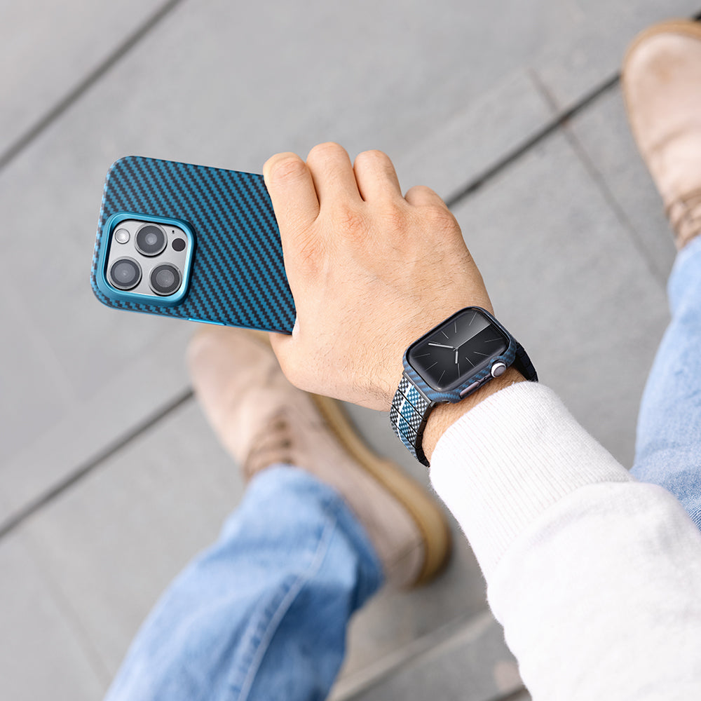 Apple Watch 7 45mm 600D Aramid Fiber Classic Serisi Black-Blue Twill Kasa Koruyucu Pitaka Air Case Siyah-Mavi