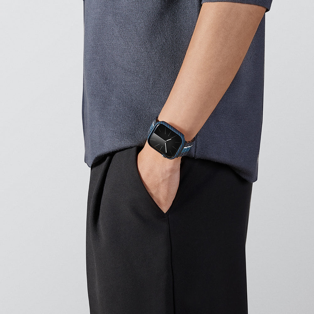 Apple Watch 7 45mm 600D Aramid Fiber Classic Serisi Black-Blue Twill Kasa Koruyucu Pitaka Air Case Siyah-Mavi