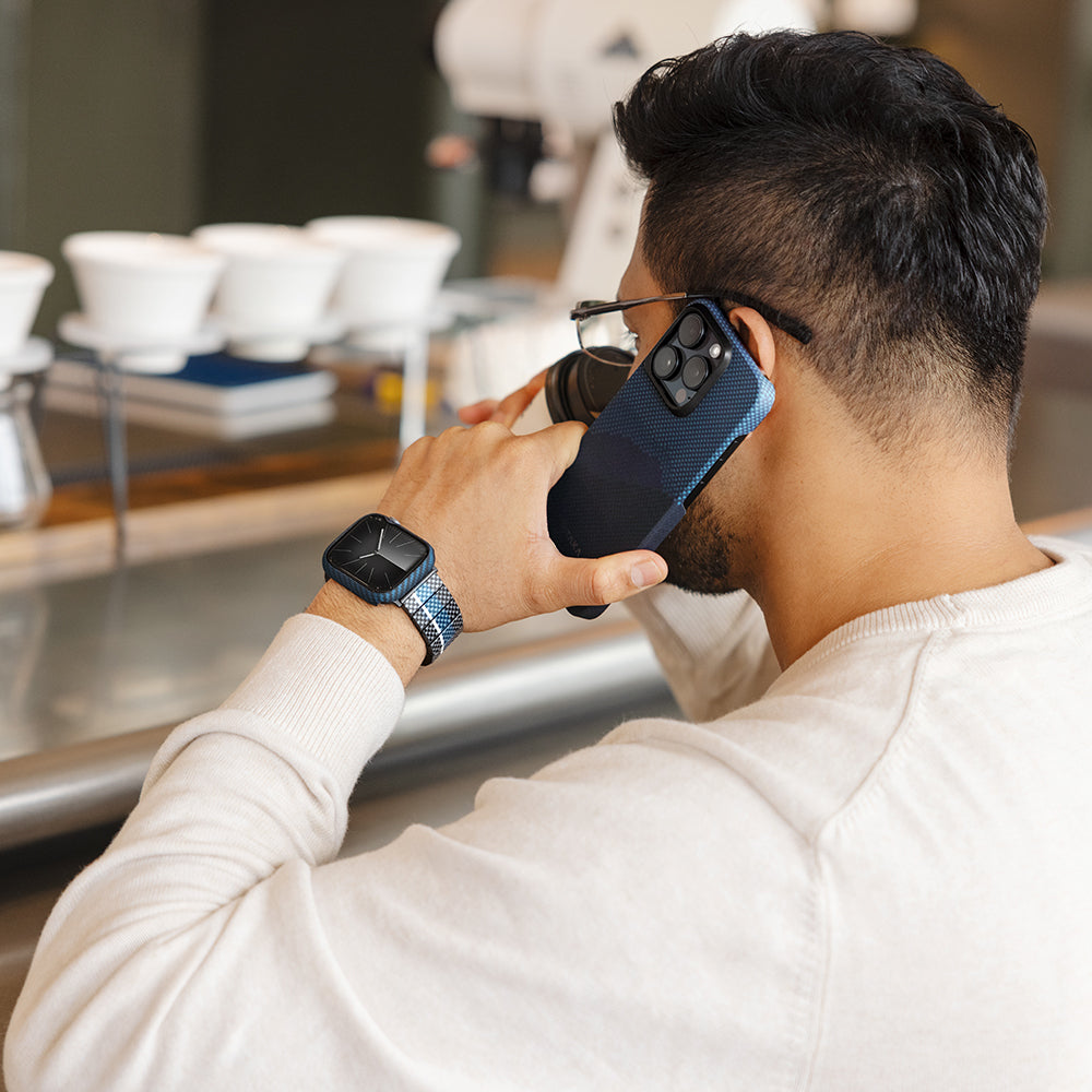 Apple Watch 7 45mm 600D Aramid Fiber Classic Serisi Black-Blue Twill Kasa Koruyucu Pitaka Air Case Siyah-Mavi