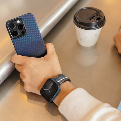 Apple Watch 7 45mm 600D Aramid Fiber Classic Serisi Black-Blue Twill Kasa Koruyucu Pitaka Air Case Siyah-Mavi