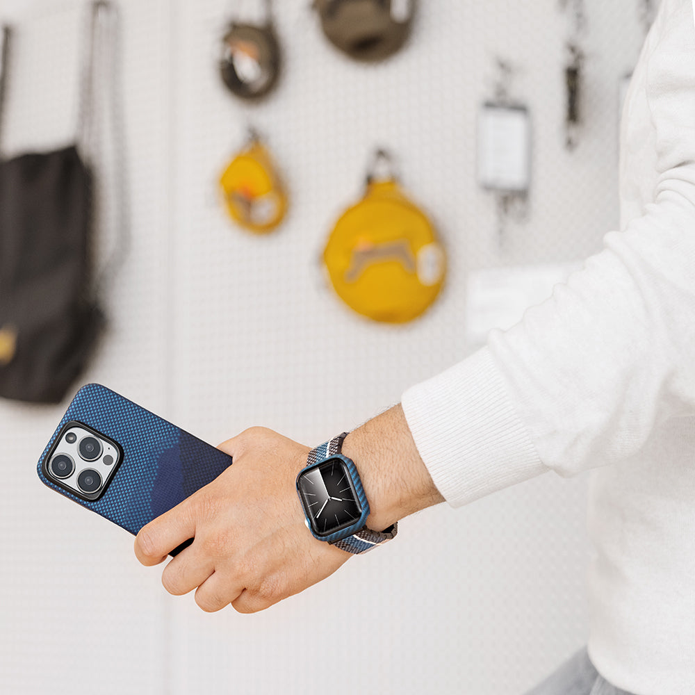 Apple Watch 7 45mm 600D Aramid Fiber Classic Serisi Black-Blue Twill Kasa Koruyucu Pitaka Air Case Siyah-Mavi