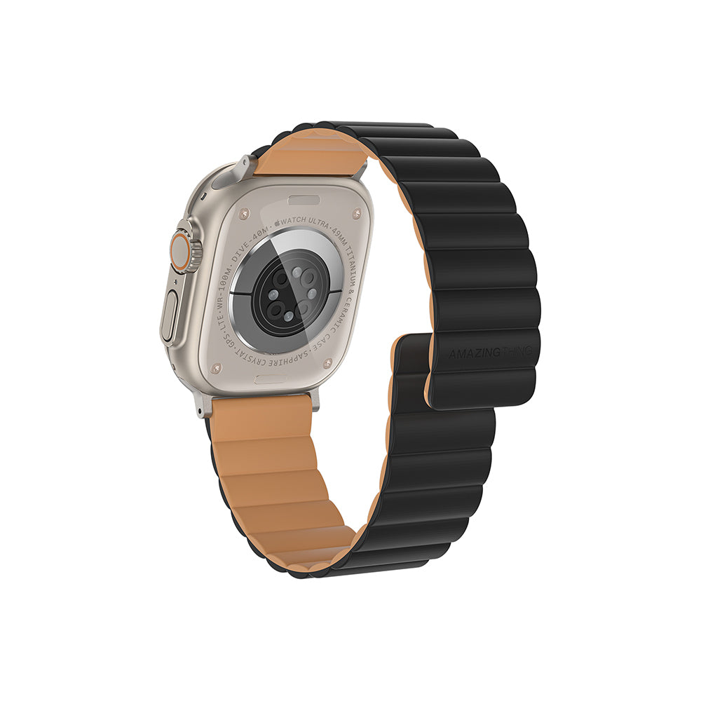 Apple Watch 7 45mm Amazingthing Smoothie Mag Magnetik Tak Çıkar Silikon Strap Kayış Siyah-Turuncu