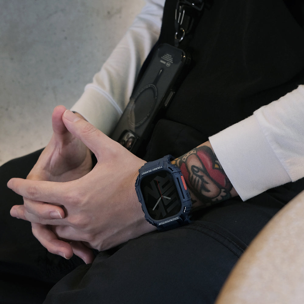 Apple Watch 7 45mm Skinarma Mecha 2in1 TPU Kasa Koruyucu + Silikon Kordon Lacivert