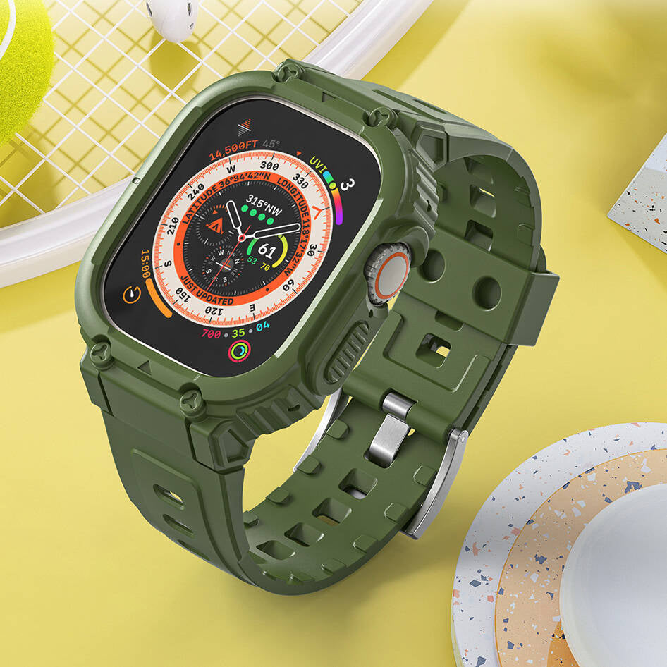 Apple Watch 7 45mm Wiwu Wi-WB014 Armor Serisi 2in1 Sert PC Kasa Koruyuculu Silikon Kordon Siyah