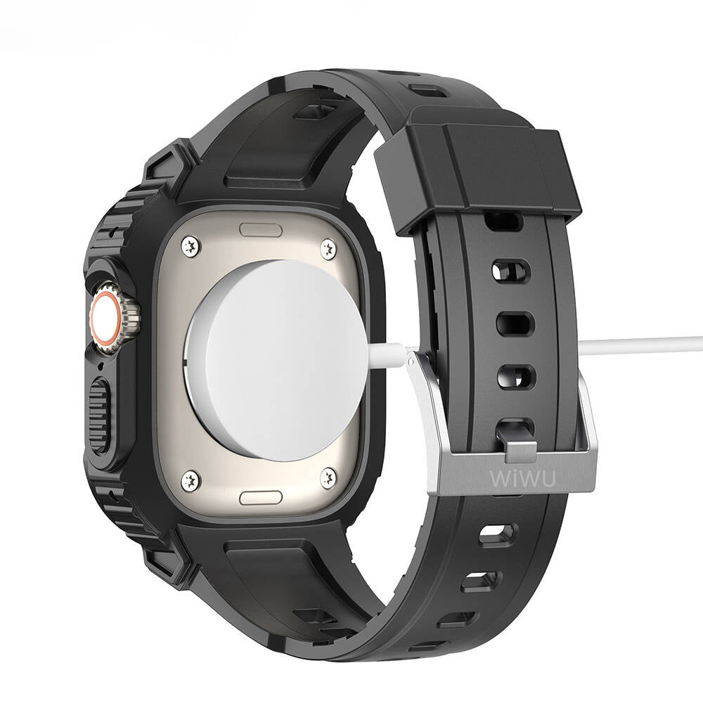 Apple Watch 7 45mm Wiwu Wi-WB014 Armor Serisi 2in1 Sert PC Kasa Koruyuculu Silikon Kordon Siyah