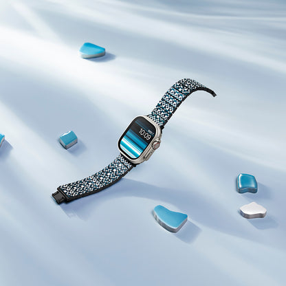 Apple Watch Serisi Uyumlu Aramid Fiber ve Karbon Fiber Pitaka Dreamland ChromaCarbon Serisi Mosaic Universal Kordon Mavi-Beyaz