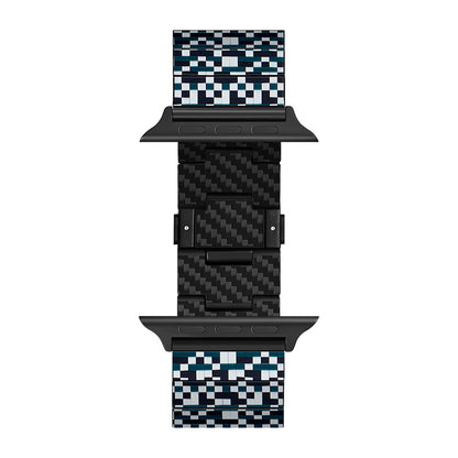 Apple Watch Serisi Uyumlu Aramid Fiber ve Karbon Fiber Pitaka Dreamland ChromaCarbon Serisi Mosaic Universal Kordon Mavi-Beyaz