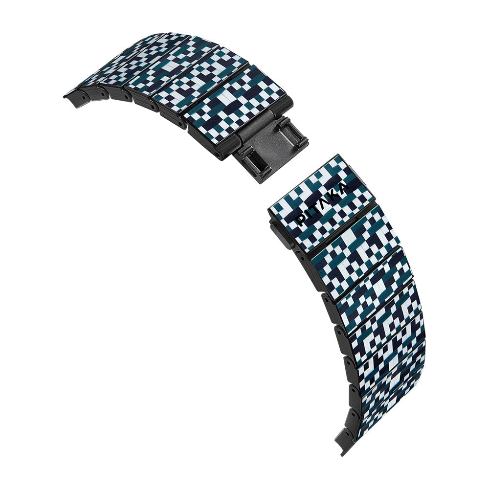 Apple Watch Serisi Uyumlu Aramid Fiber ve Karbon Fiber Pitaka Dreamland ChromaCarbon Serisi Mosaic Universal Kordon Mavi-Beyaz