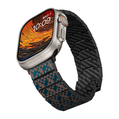 Apple Watch Serisi Uyumlu Aramid Fiber ve Karbon Fiber Pitaka Dreamland ChromaCarbon Serisi Stairs Universal Kordon Mavi-Kahverengi