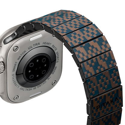 Apple Watch Serisi Uyumlu Aramid Fiber ve Karbon Fiber Pitaka Dreamland ChromaCarbon Serisi Stairs Universal Kordon Mavi-Kahverengi