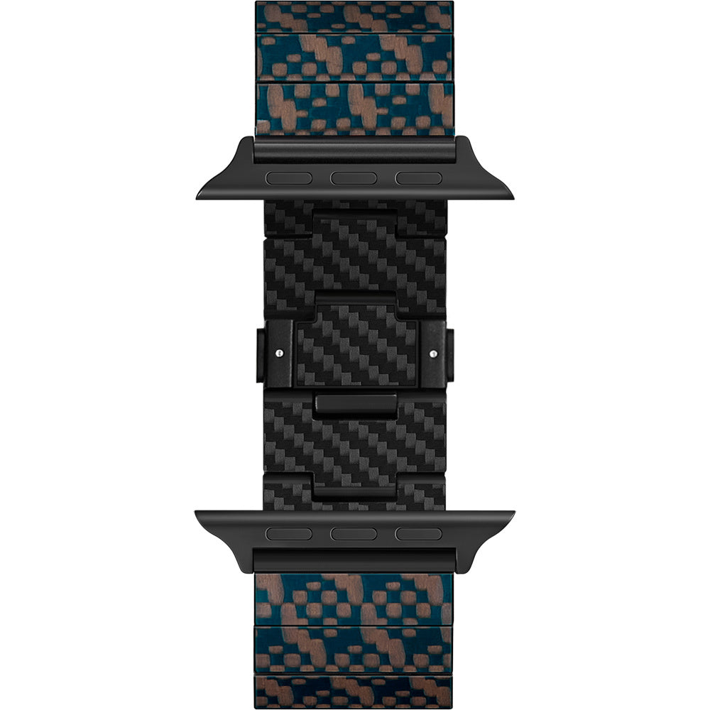 Apple Watch Serisi Uyumlu Aramid Fiber ve Karbon Fiber Pitaka Dreamland ChromaCarbon Serisi Stairs Universal Kordon Mavi-Kahverengi