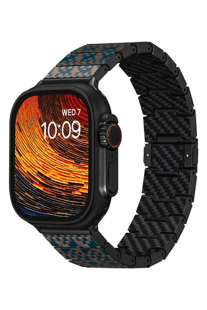 Apple Watch Serisi Uyumlu Aramid Fiber ve Karbon Fiber Pitaka Dreamland ChromaCarbon Serisi Stairs Universal Kordon Mavi-Kahverengi