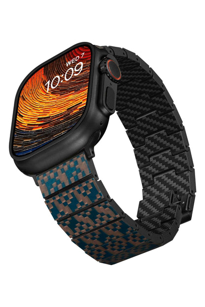 Apple Watch Serisi Uyumlu Aramid Fiber ve Karbon Fiber Pitaka Dreamland ChromaCarbon Serisi Stairs Universal Kordon Mavi-Kahverengi