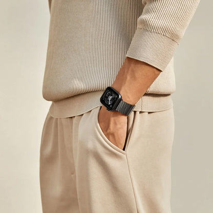 Apple Watch Serisi Uyumlu Karbon Fiber Pitaka Modern Serisi Black-Grey Twill Universal Kordon Siyah-Gri